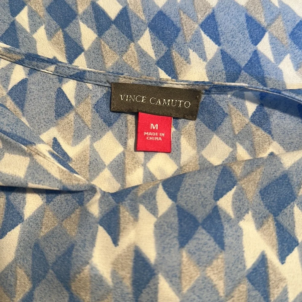 Vince Camuto Blue and White Geometric Print Blouse - Picture 4 of 5